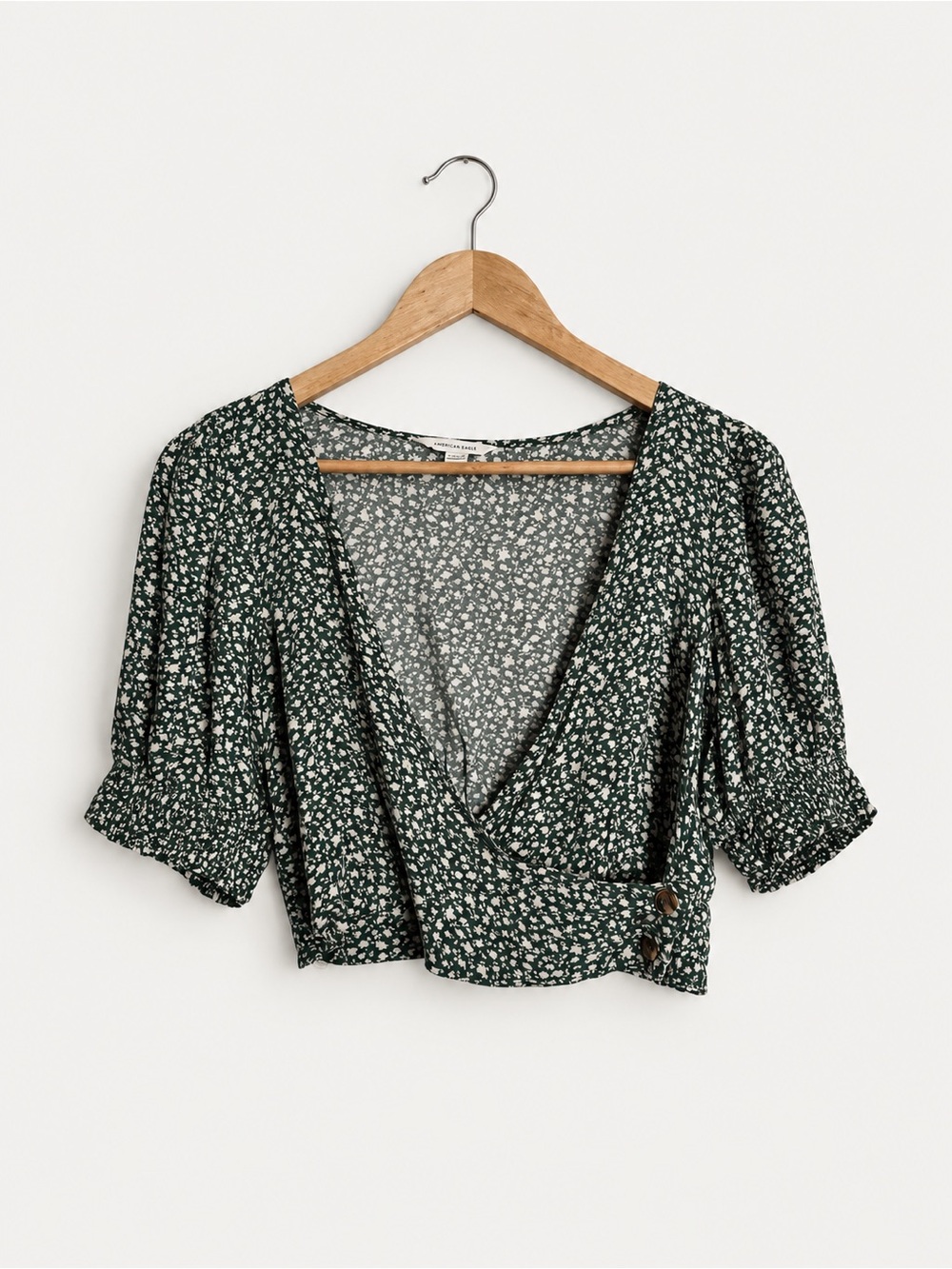 American Eagle Green Floral Faux Wrap Crop Top S